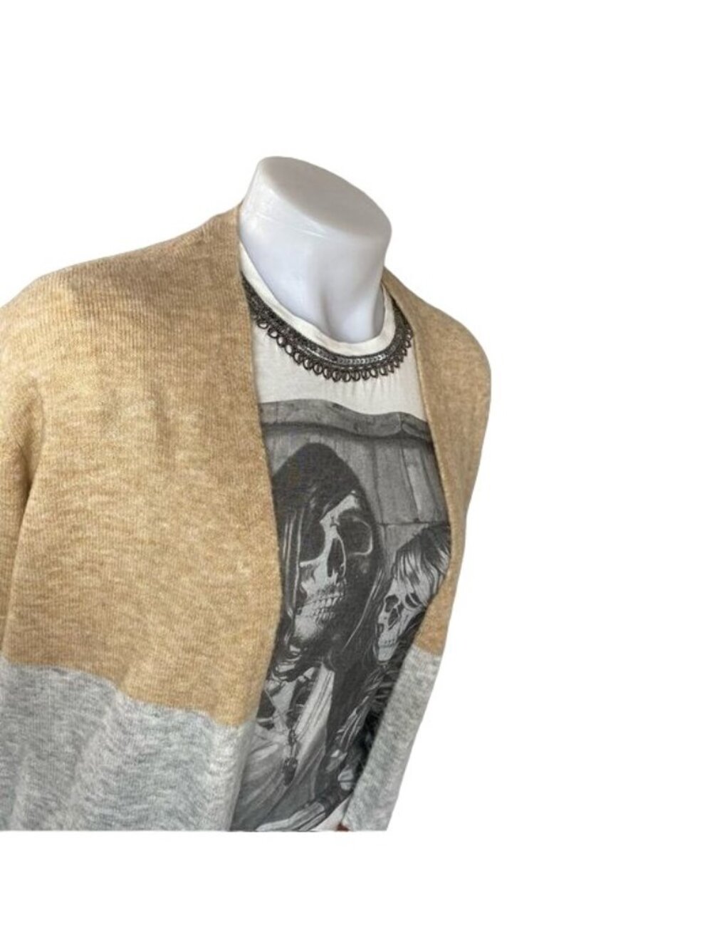 A New Day Colorblock Open Front Cardigan XS Beige Gray Brown Pockets Lightweight - Picture 7 of 10